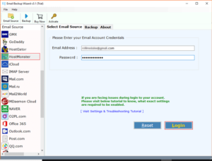 enter the HostMonster account credentials to hostmonster email backup tool